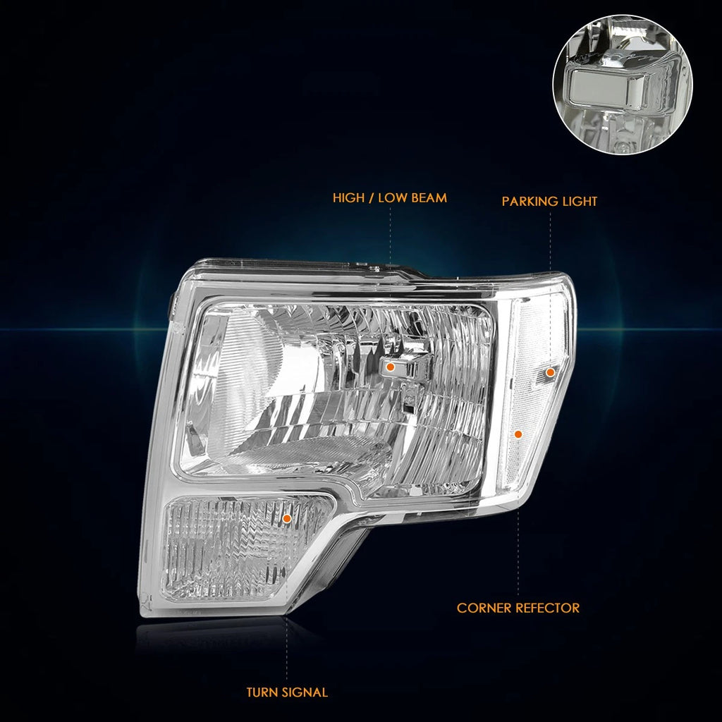 Direct Replace Headlight for Ford F150 (2009–2014) Chrome Housing Clear Corner