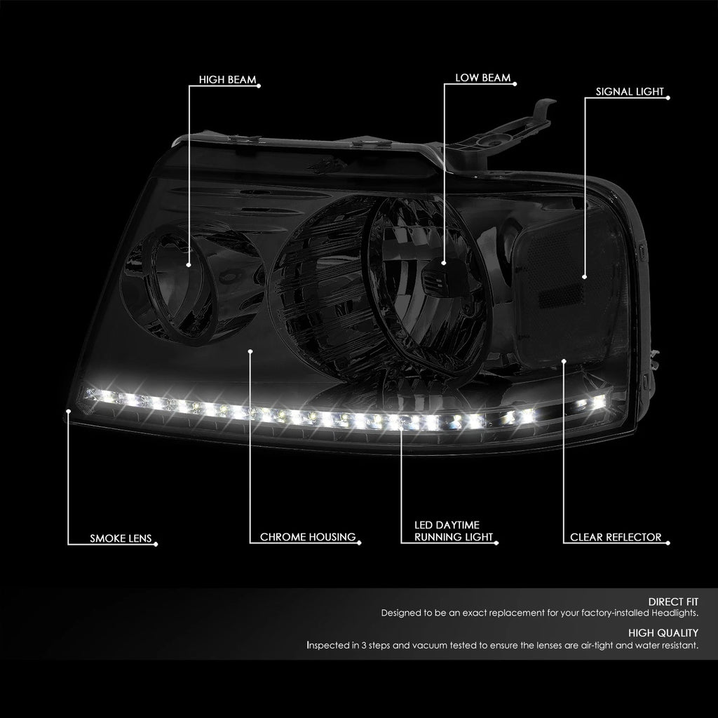 Chrome Housing Smoked Lens LED DRL Headlight for Ford F150 Lincoln Mark LT (2004–2008)