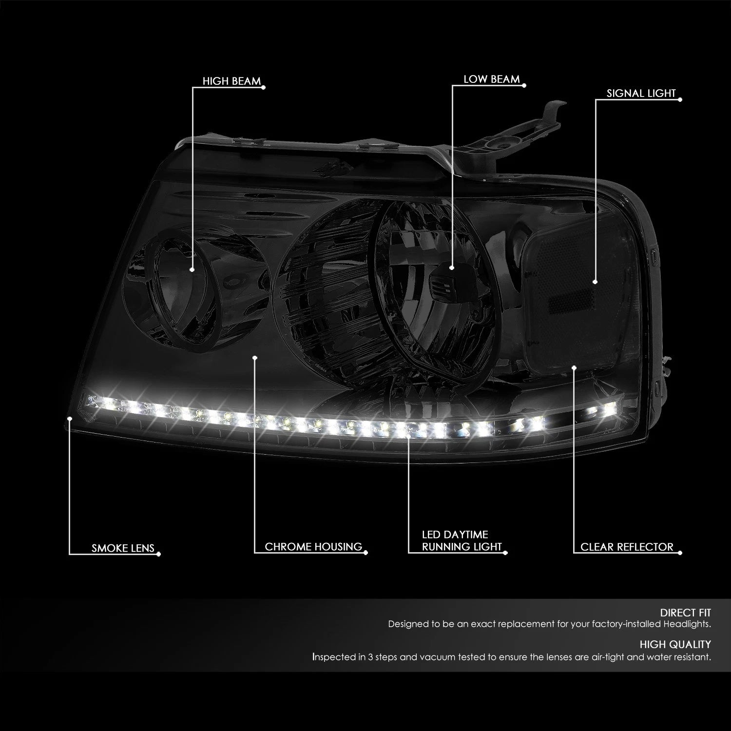 Chrome Housing Smoked Lens LED DRL Headlight for Ford F150 Lincoln Mark LT (2004–2008)