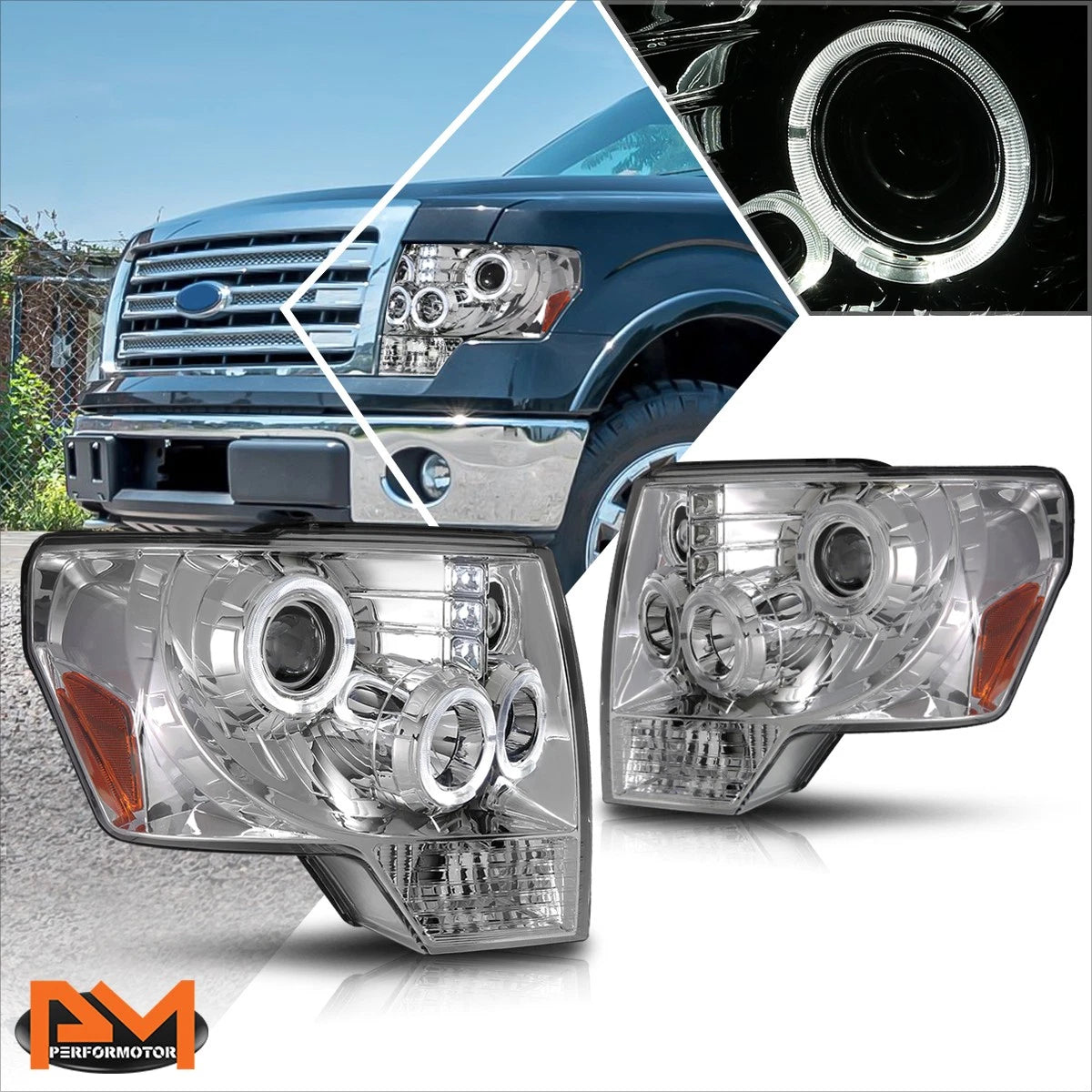 LED Halo Ring Projector Headlight for Ford F-150 (2009–2014) Chrome Housing