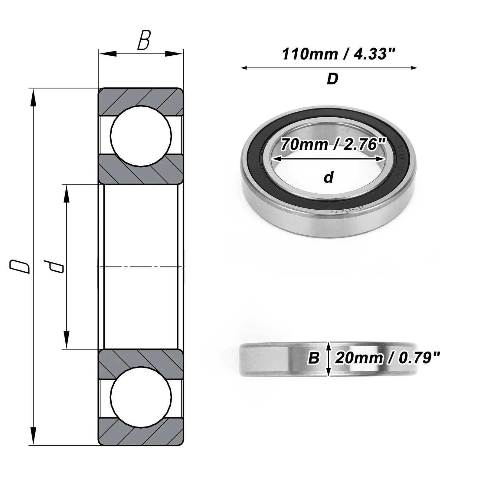 Deep Groove Ball Bearing 6014DDU for Scooter Skateboard Wheel (P0)