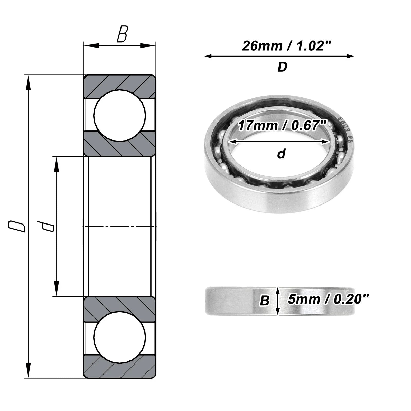 Deep Groove Ball Bearing 17x26x5mm for Scooter Skateboard (6803)