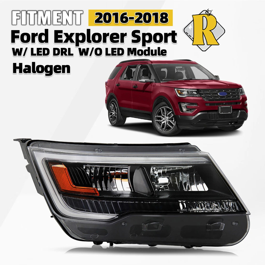 Halogen Headlight w/ LED DRL Black Bezel for Ford Explorer Sport (2016–2018)