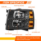 LED DRL Strip Headlight for Chevy Silverado (2007–2014) Black Housing Amber Side