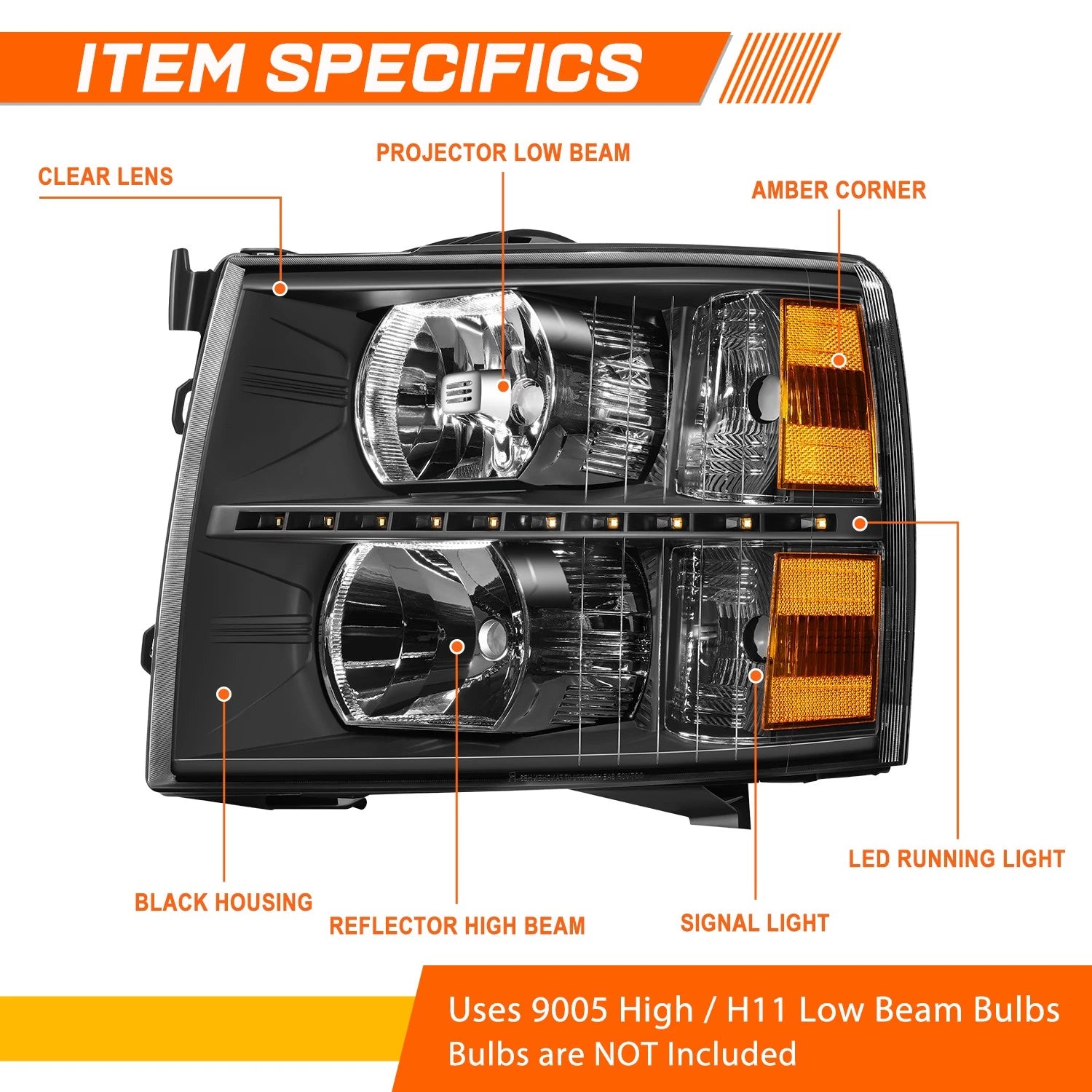 LED DRL Strip Headlight for Chevy Silverado (2007–2014) Black Housing Amber Side