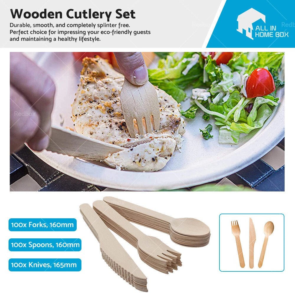 300x Disposable Bamboo Cutlery Set for Parties (Eco-Friendly)