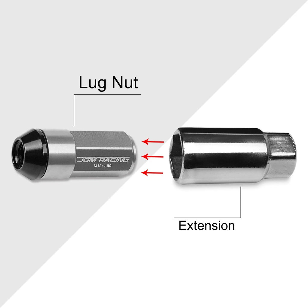 Set of 20 M12X1.5 Silver JDM Cone Seat Wheel Lug Nuts with Cap & Extension