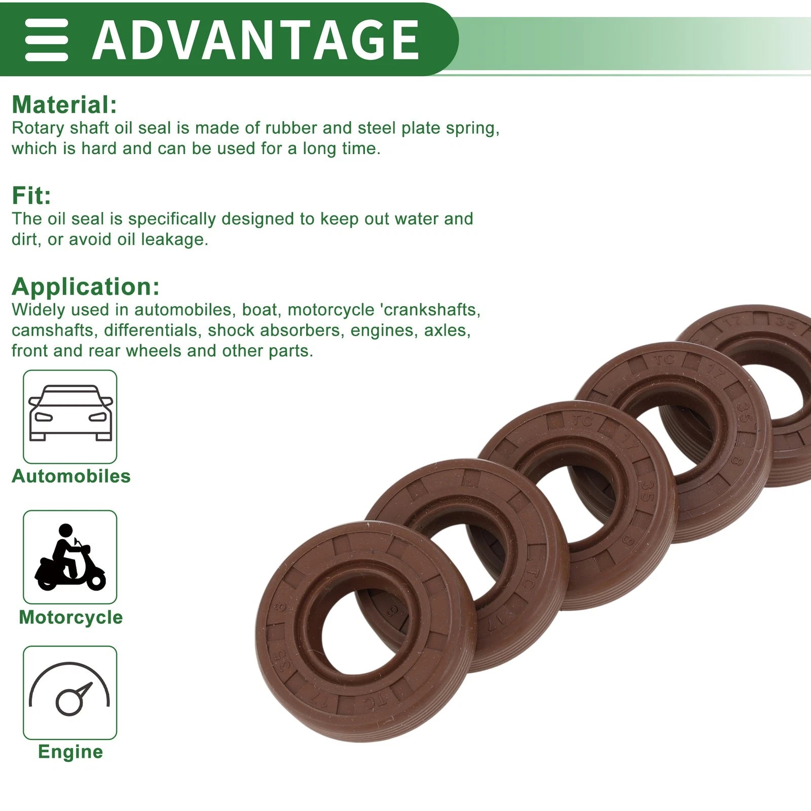 Oil Seal FKM Rubber 17x35x8mm for Various Models (5 Pcs)
