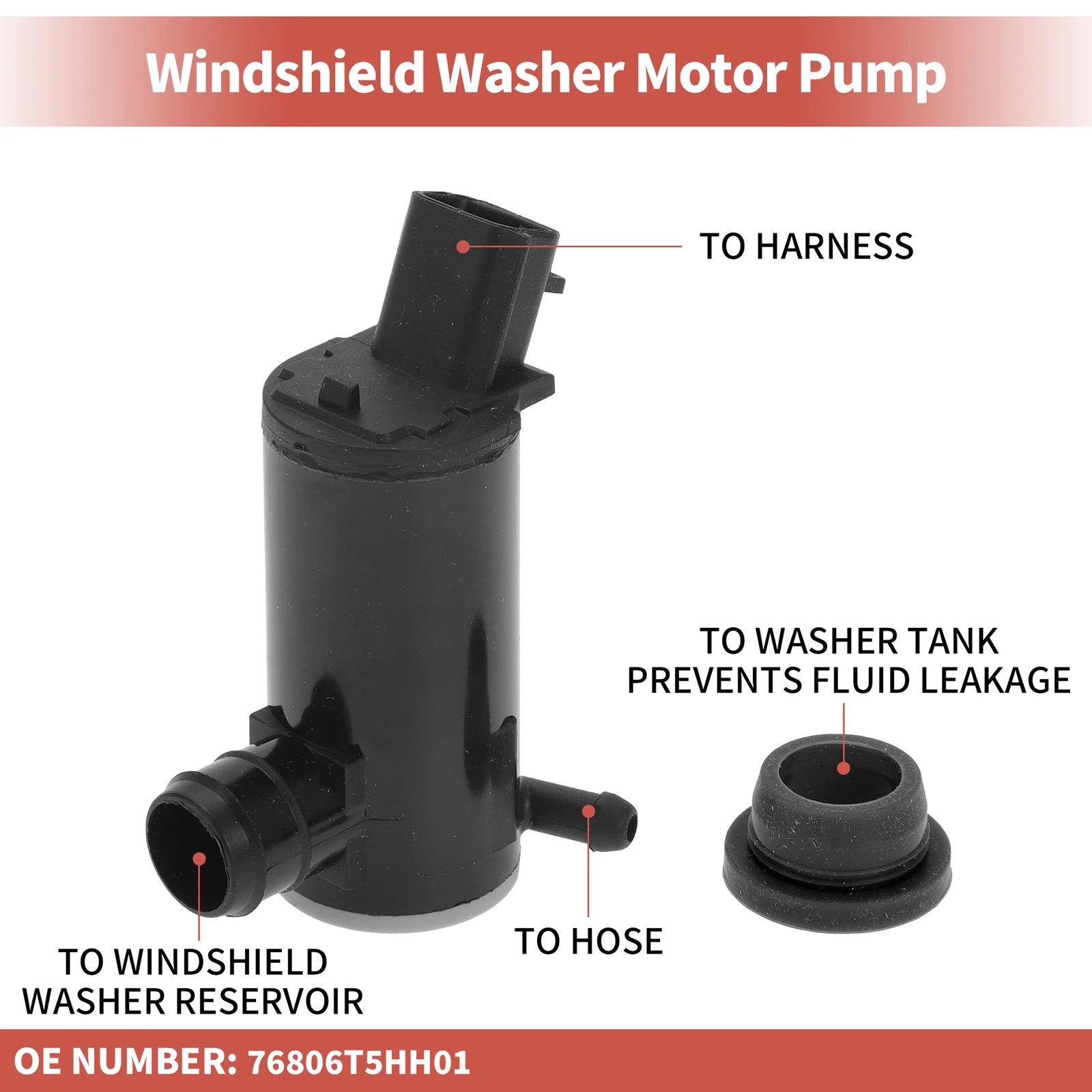 Windshield Washer Pump w/ Grommet for Honda Fit (2007–2019) No. 76806T5HH01