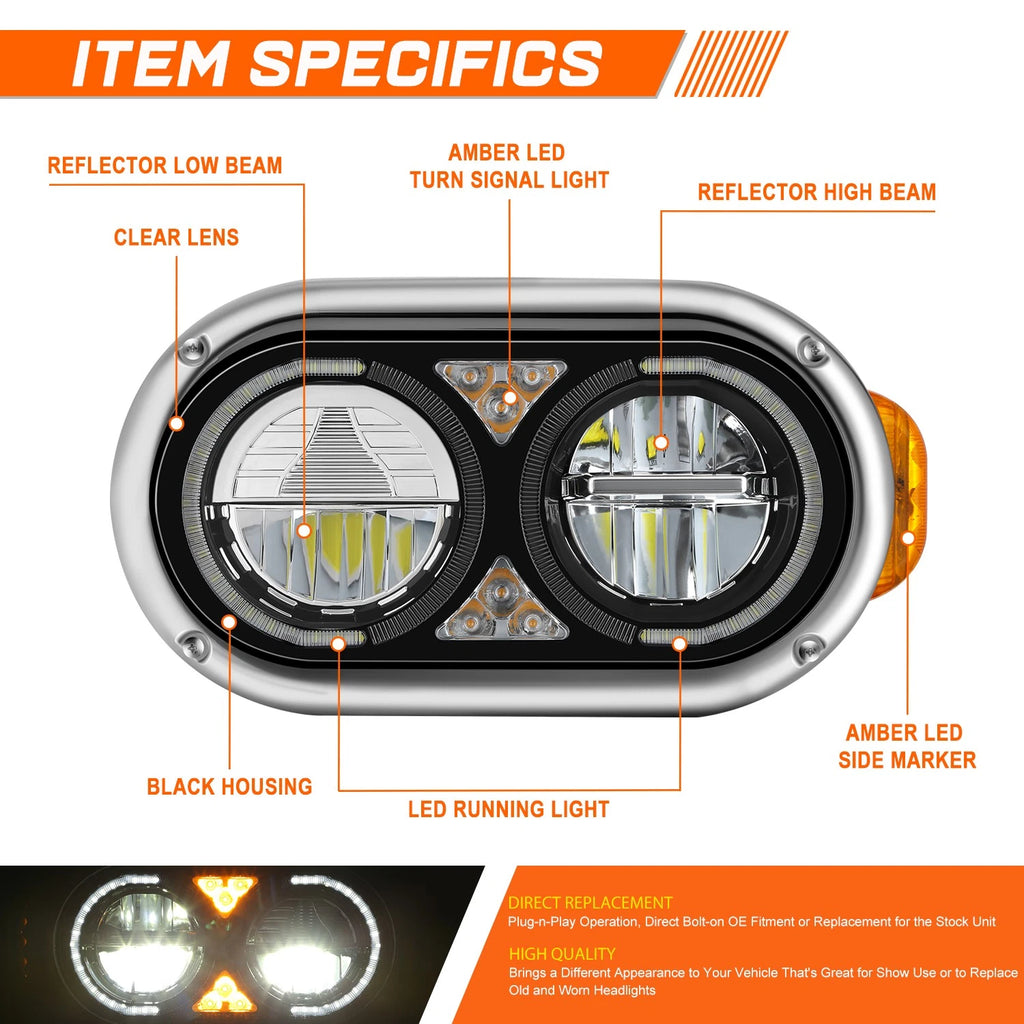 Full LED Turn Signal Headlights for Peterbilt 359 379 389 (1981–2021)