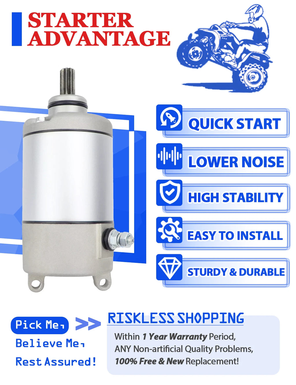Starter for Yamaha Bruin 350 (2004–2006) YFM350 with Relay & Switch