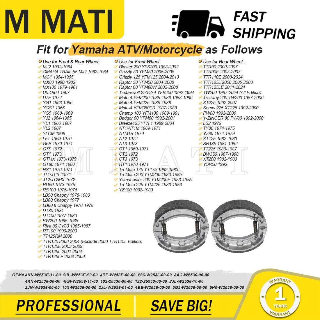 2x Brake Shoes Kit for Yamaha MJ2 MG1 MX80 MX100 U5 U7E YG1 YG5 YJ2 YL1 YL2 L5T