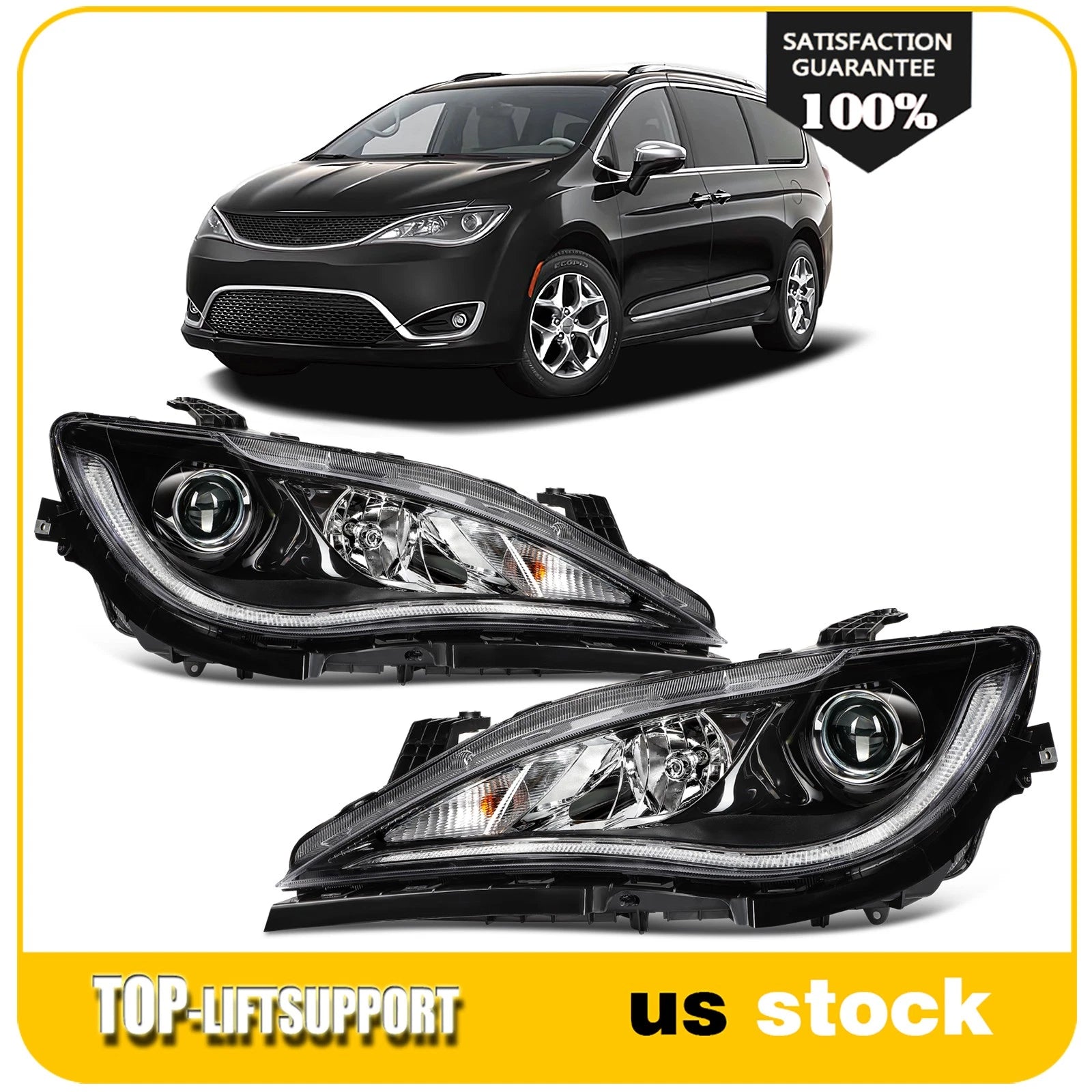 Pair Headlights for Chrysler Pacifica (2017–2020) Black Projector Quad Lamp