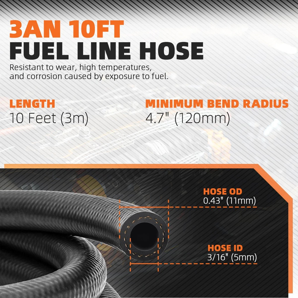 3AN 3/16" ID NBR Rubber Braided Fuel Line Hose (10 Feet)