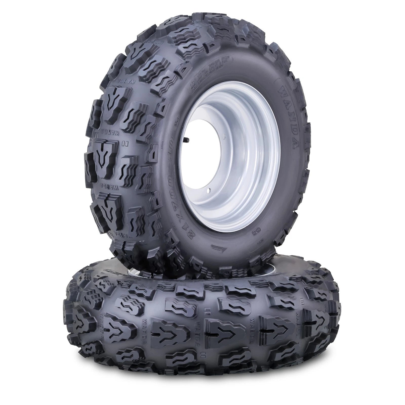 2 Wanda ATV Tires & Wheels 21X7-10 4/156mm PCD 2+3 Offset Silver (10058)