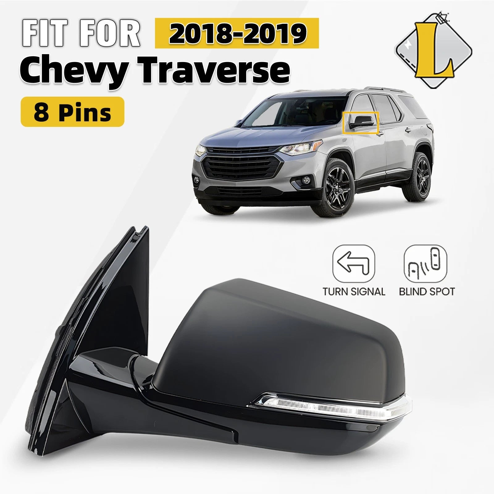 Side Mirror for Chevy Traverse (2018–2019) W/ Blind Spot, Turn Signal, 8 Pins