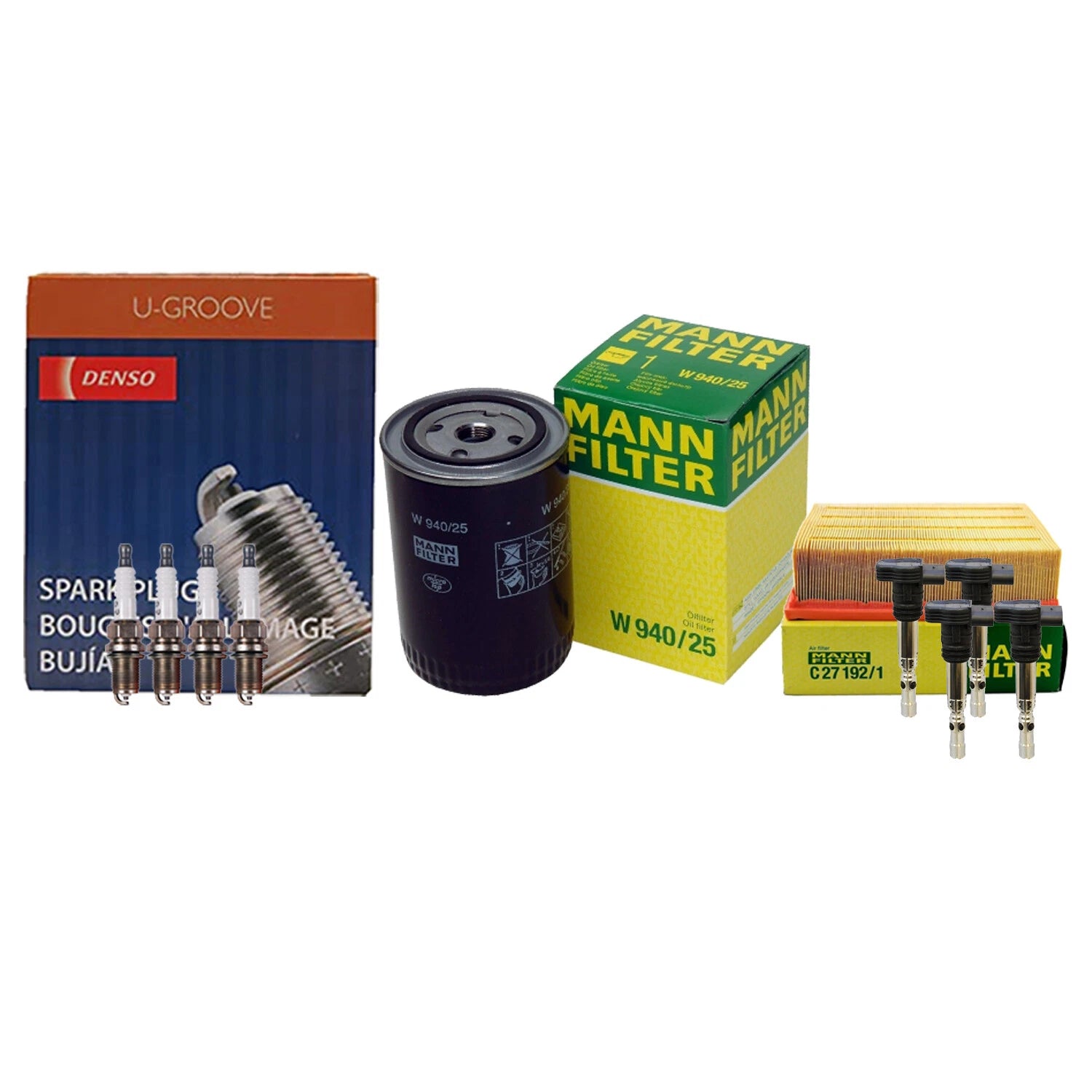 Set of 4 Mann Filters & 4 Denso U-Groove Spark Plugs for Audi 1.8 L4