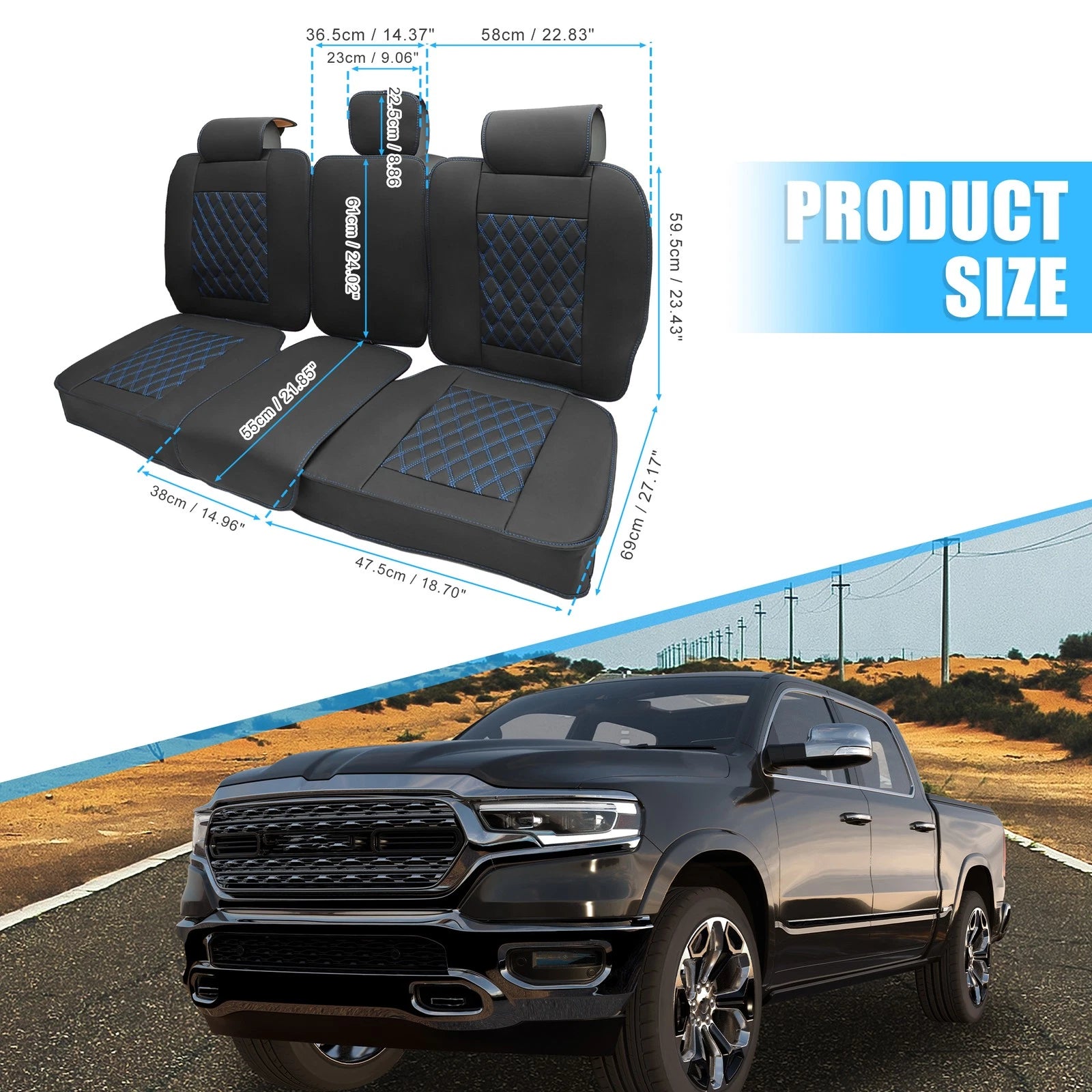 Set of 3 Rear Seat Covers for Dodge Ram  - Black Blue