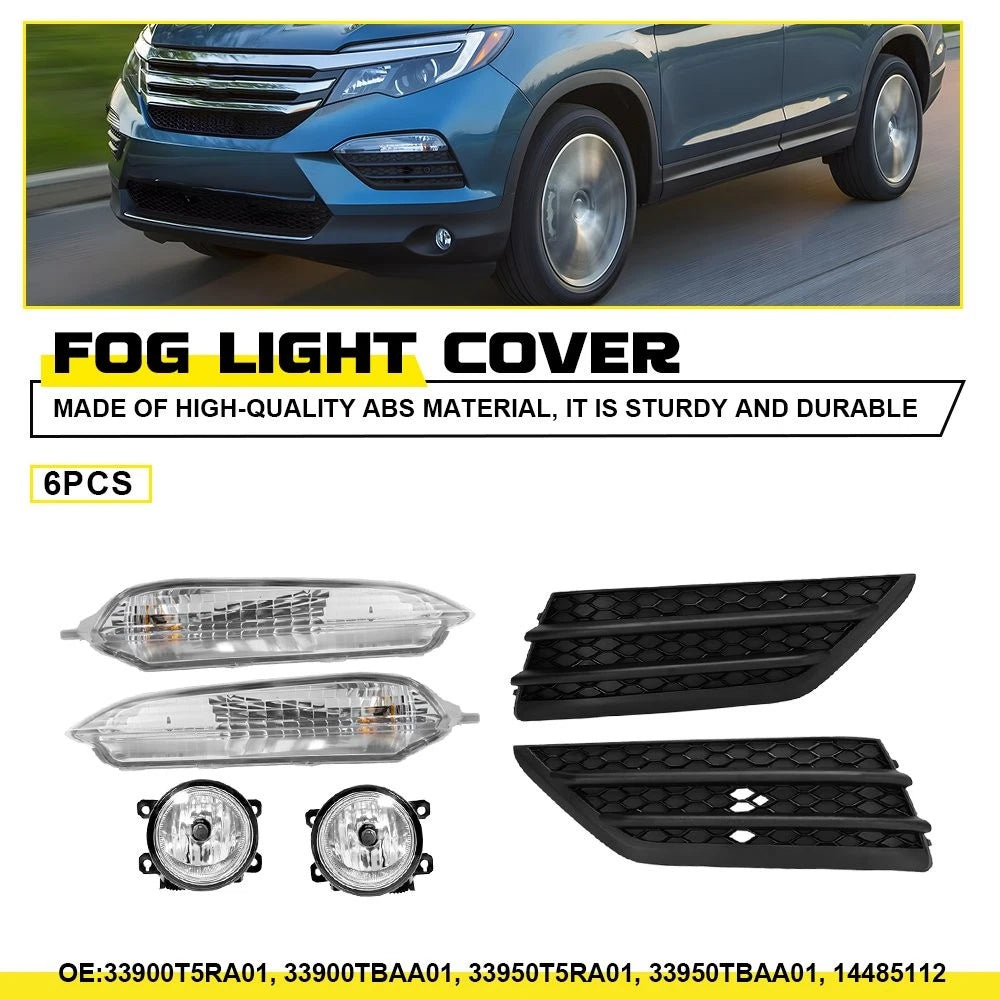 Set of 6 Bumper Fog Light Cover Bezels + Turn Signal Lamp for Honda Pilot (2016–2018)
