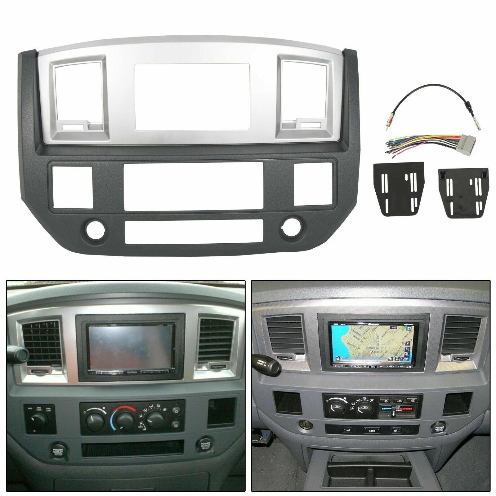 Double Din Dash Install Bezel Kit for Dodge Ram (2006-2009) Silver Slate Gray
