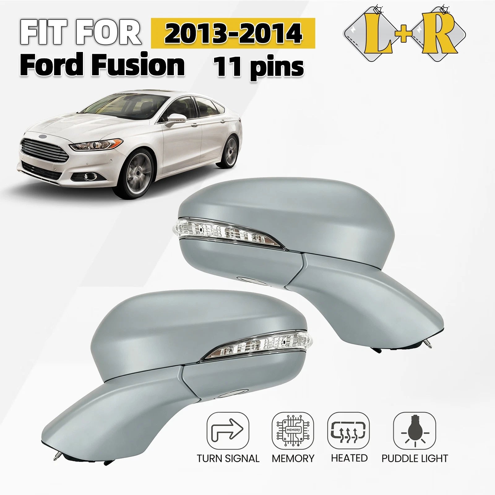 Set of 2 Side Mirrors for Ford Fusion (2013–2014) w/Heated, Memory, Turn Signal, 11 Pin