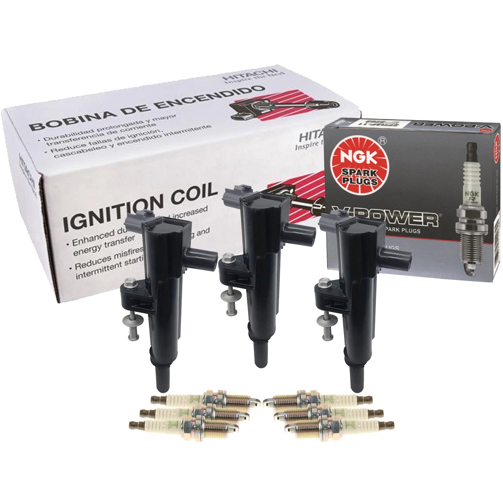 Set of 3 Ignition Coils & 6 NGK V-Power Spark Plugs for Dodge Jeep Ram (V6)