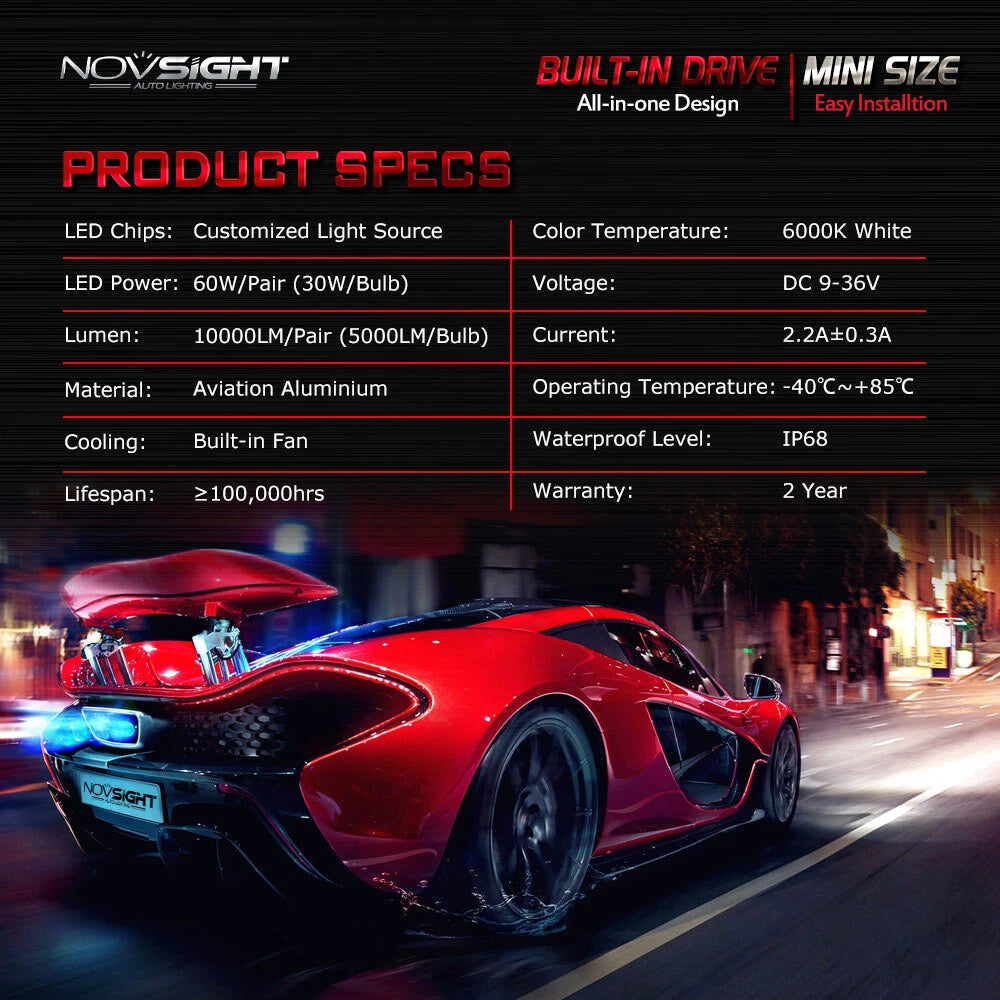 2X H7 LED Headlight Bulbs for NOVSIGHT (6500K, 12000LM, 60W)