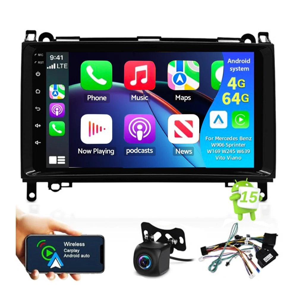 Android 15 Car Stereo 4+64GB for Mercedes A B Vito Sprinter VW Crafter (2015–2023)