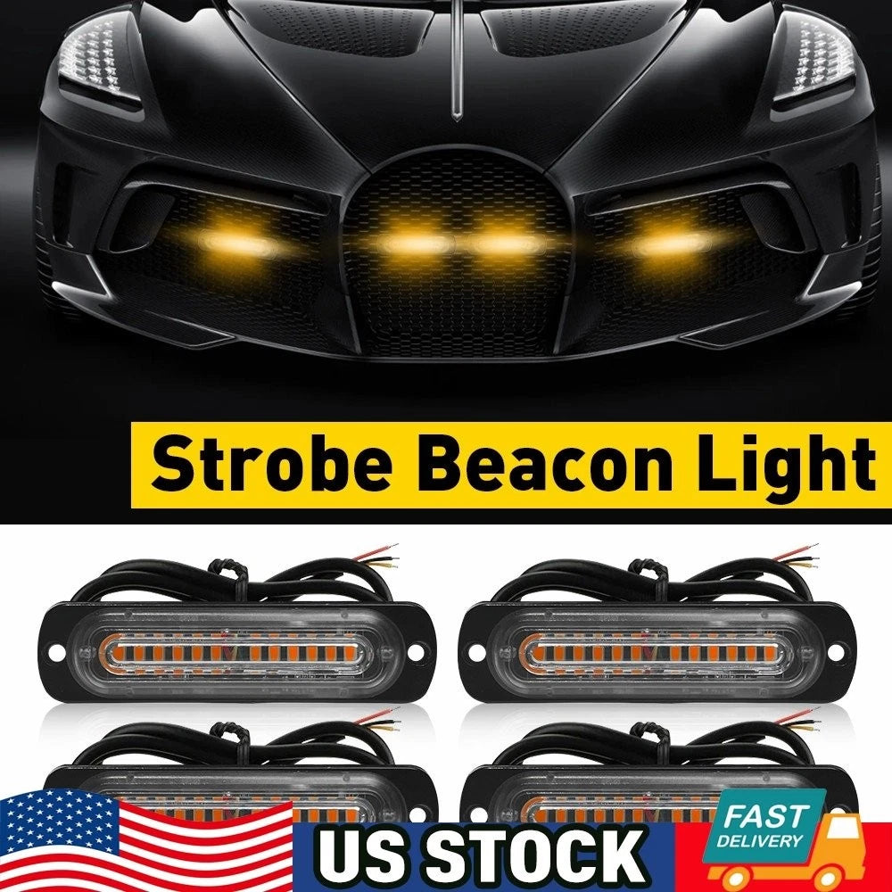 Set of 4 Amber 12 LED Strobe Beacon Light Bar for Universal Vehicles