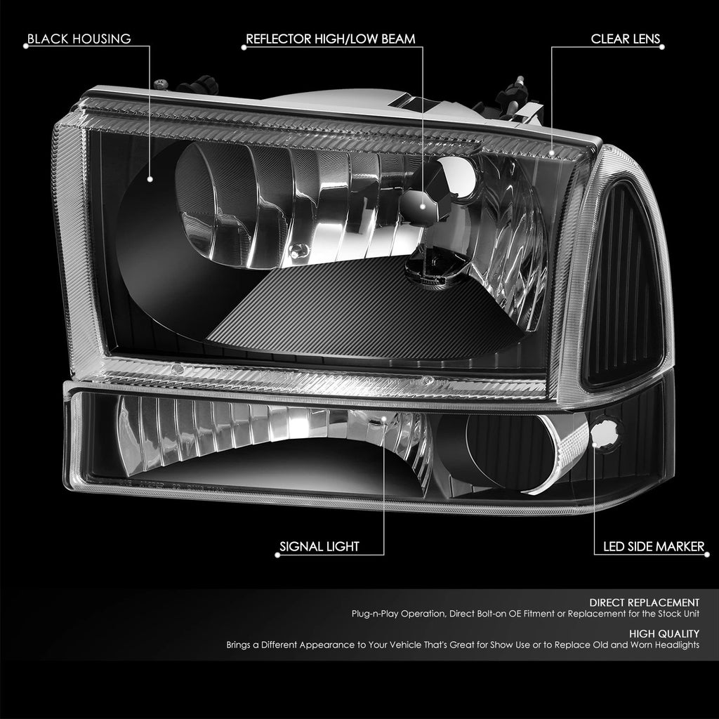 Pair of Black Housing Clear Side Headlights for Ford Super Duty (1999–2004)