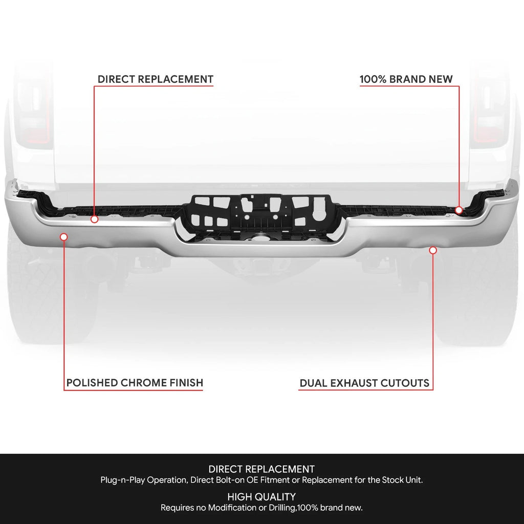 Chrome Rear Bumper Facebar for Ram 1500 (2019–2024) w/o Sensor Holes, Dual Exhaust