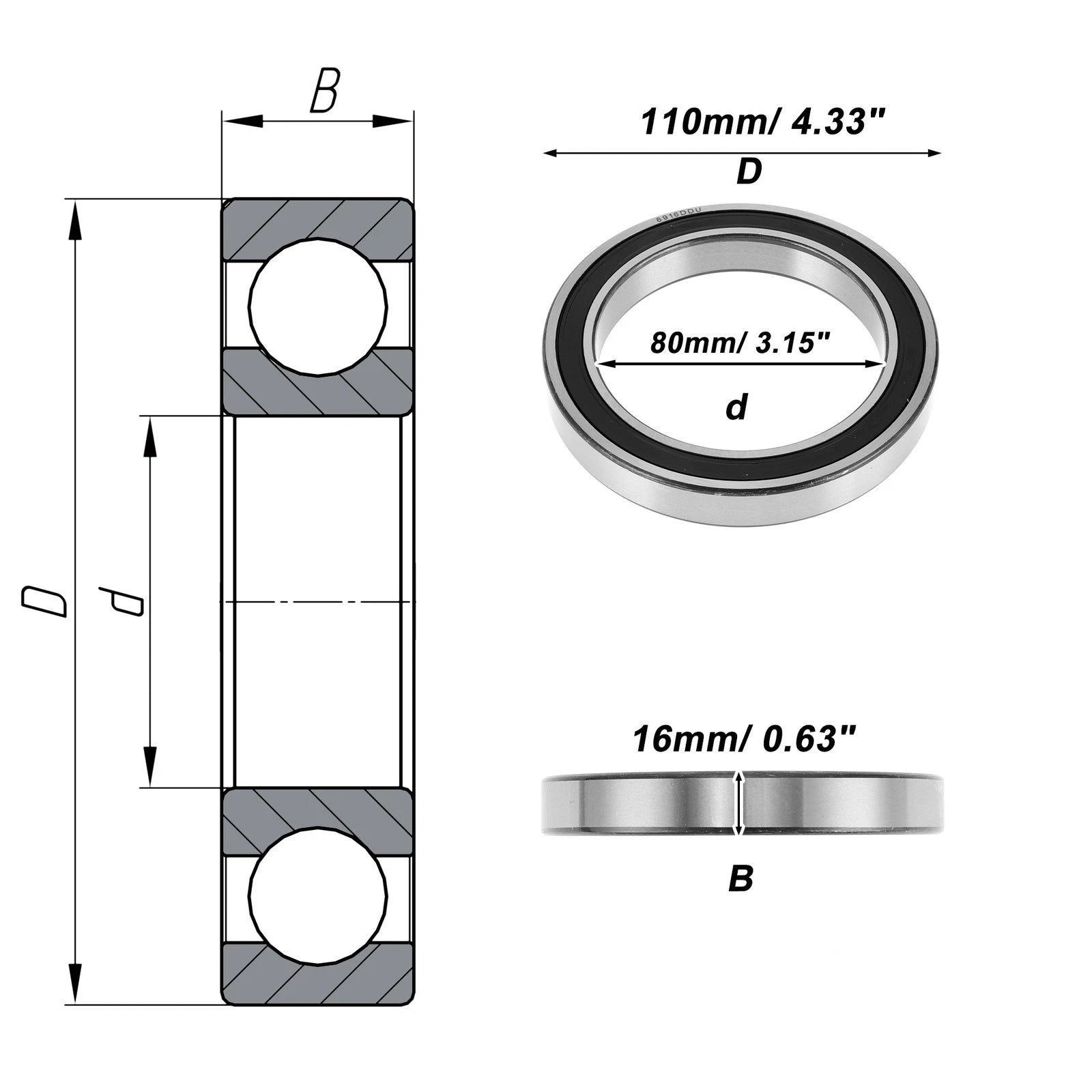 Deep Groove Ball Bearing 6916DDU for Scooter Skateboard Wheel (80x110x16mm)