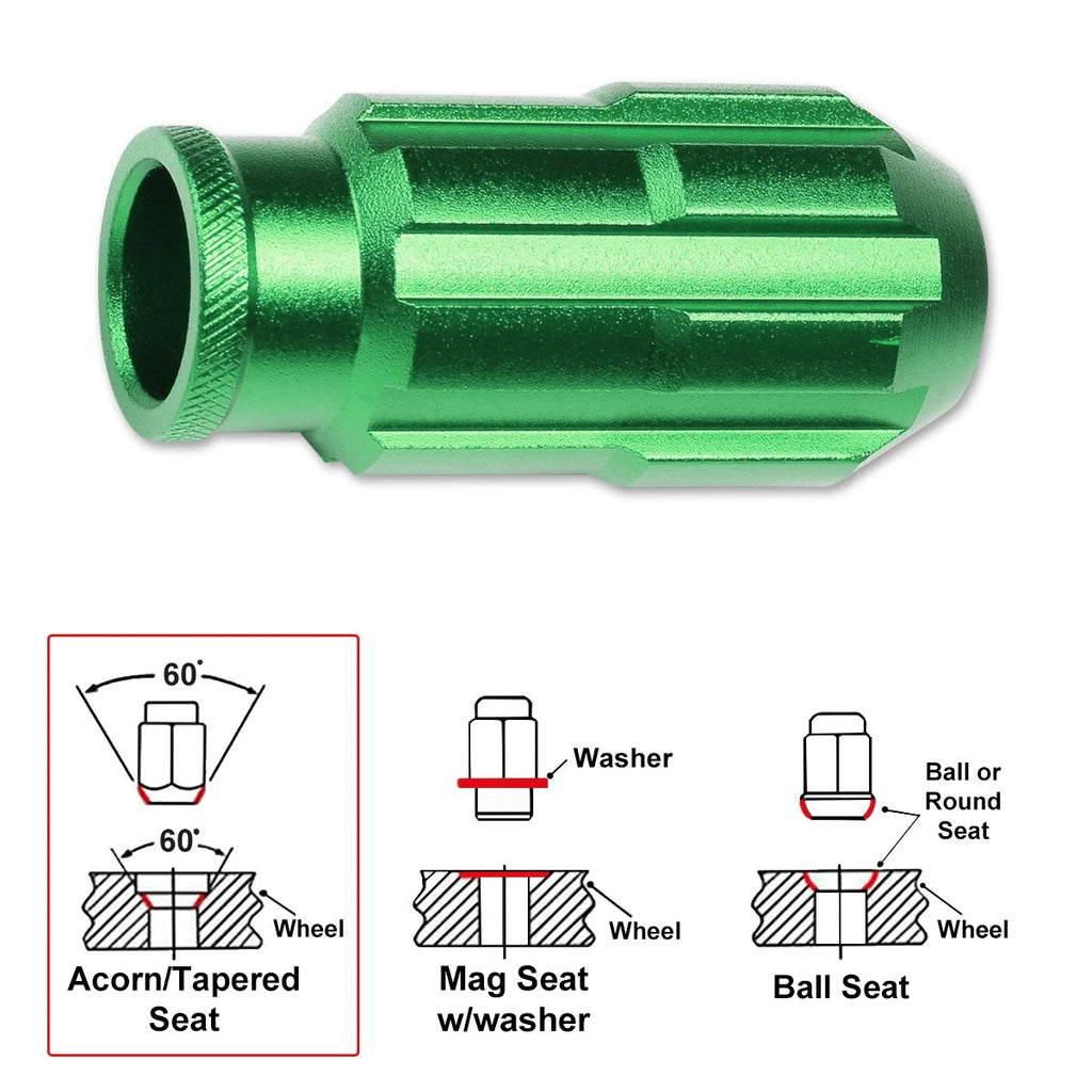 20Pc M12X1.25 Green JDM Open End Bulge Spline Wheel Lug Nuts + Lock Key
