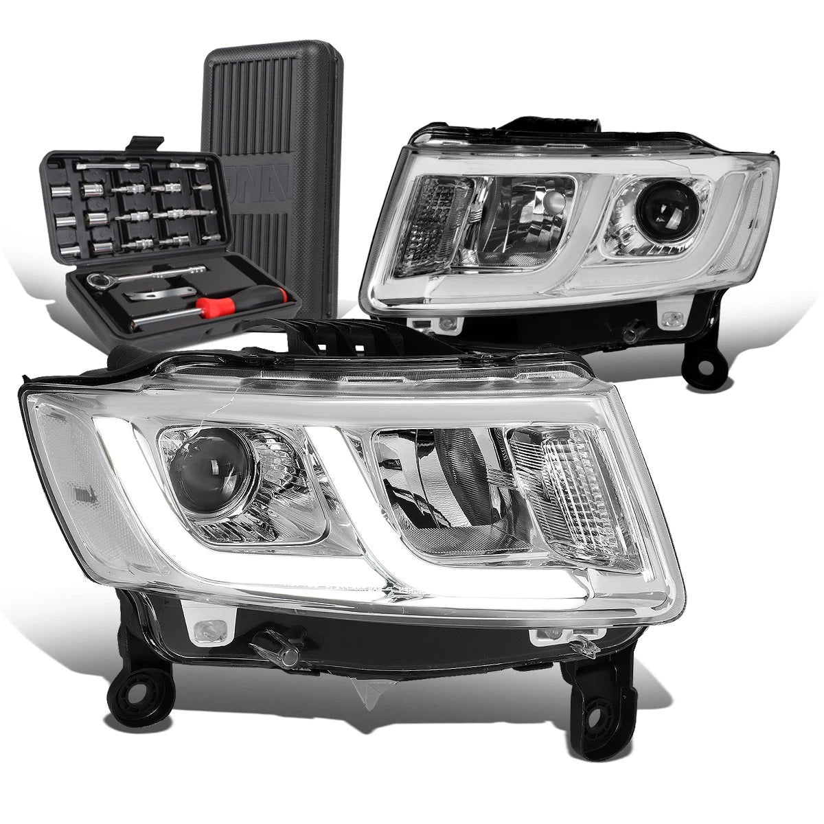 Pair of LED Chrome Clear Projector Headlights for Grand Cherokee (2014–2016)