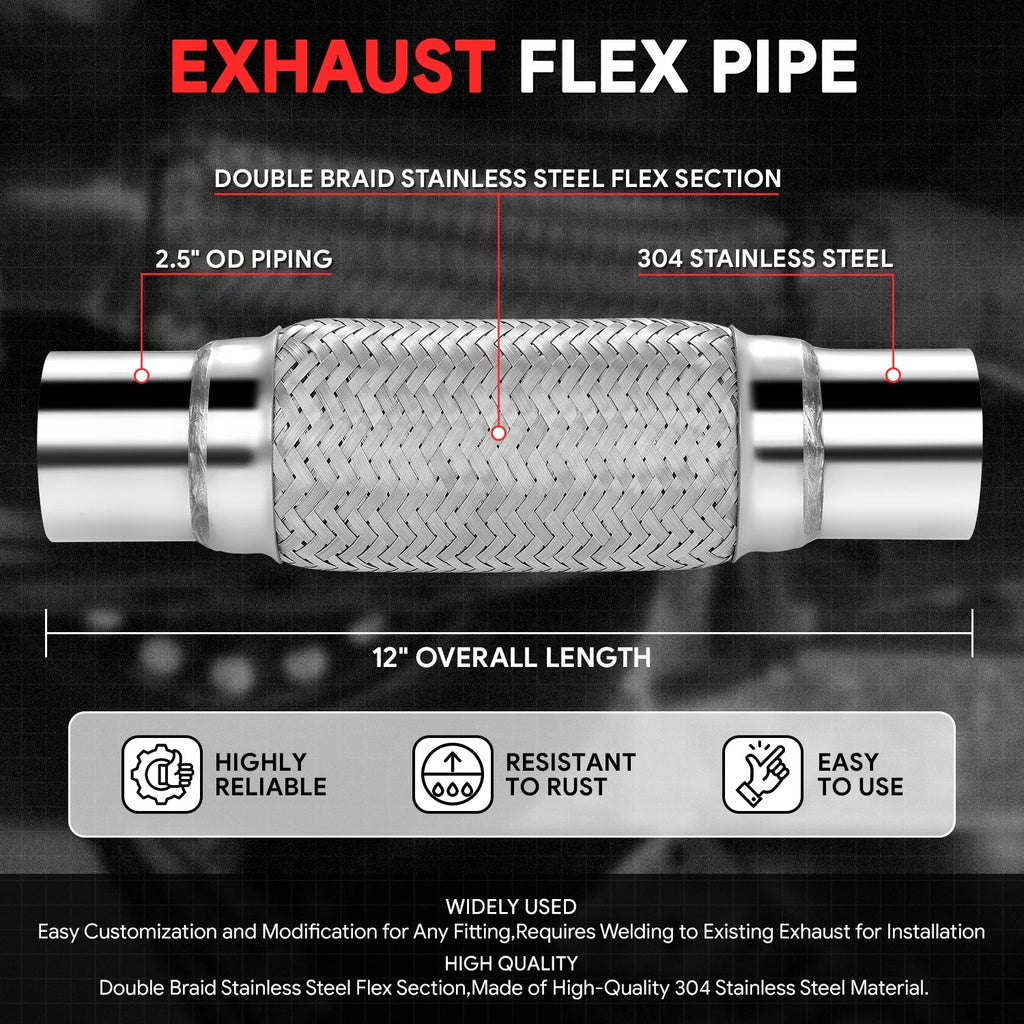 12" Double Braid Stainless Steel Flex Pipe for Custom Exhaust (2.5" OD)