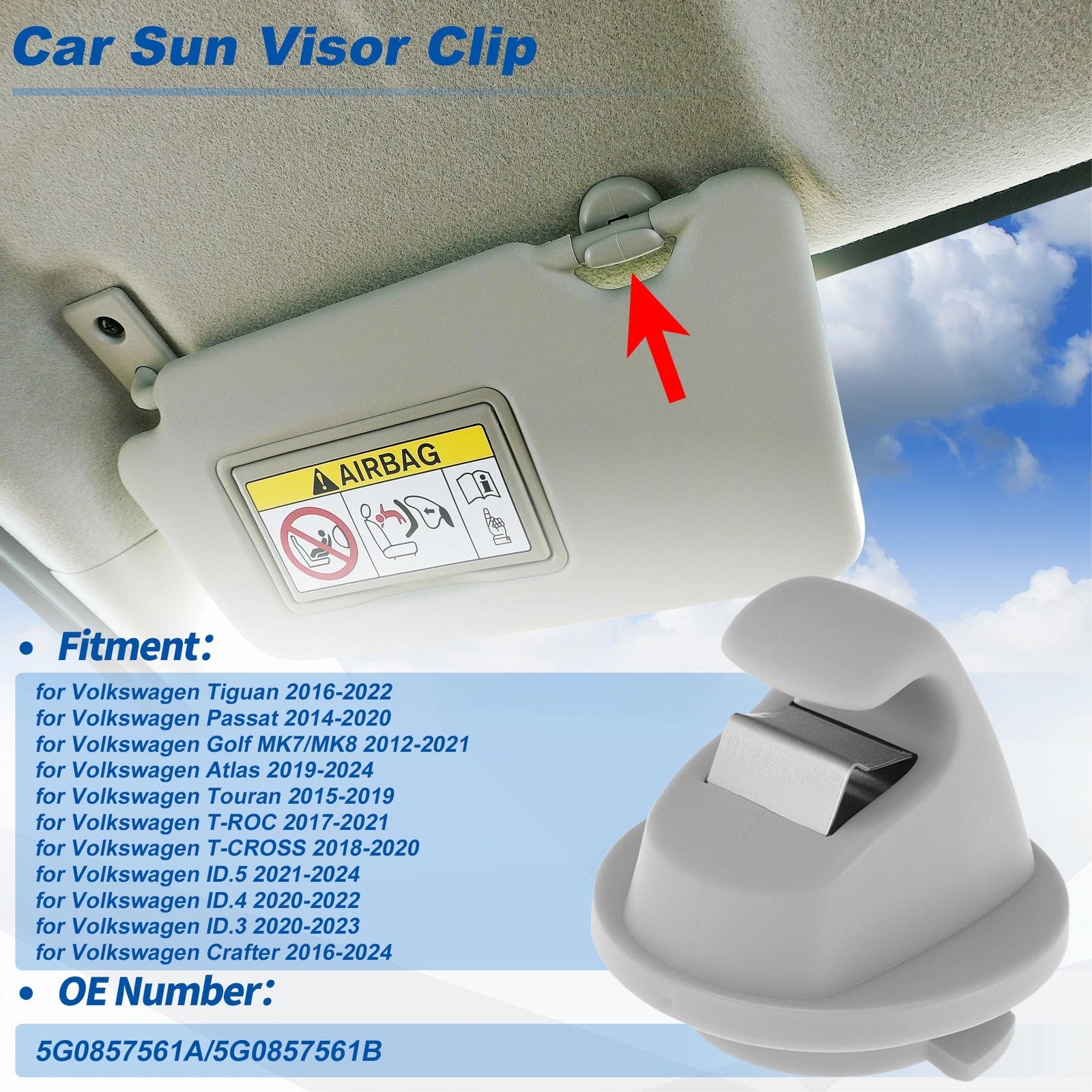 Sun Visor Clip for Volkswagen Tiguan (2016–2022) Gray 5G0857561A