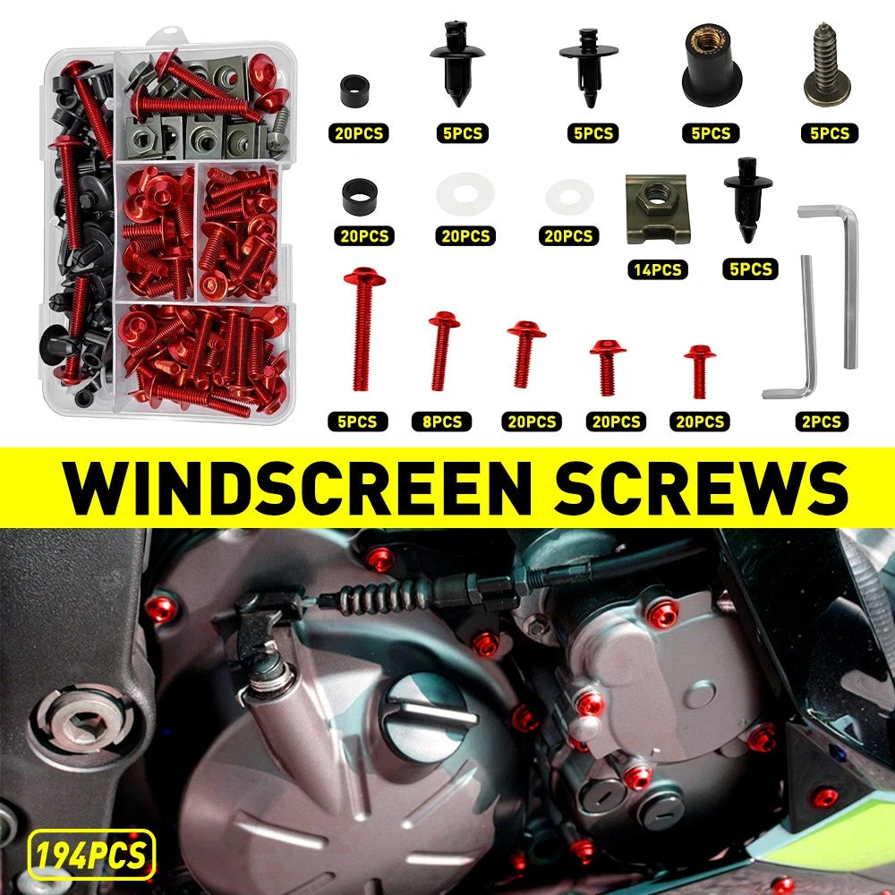 Set of 190 Red Fairing Bolts Kit Bodywork Screws for Yamaha YZF R1 (1998–2021), YZF R6 (1999–2020)
