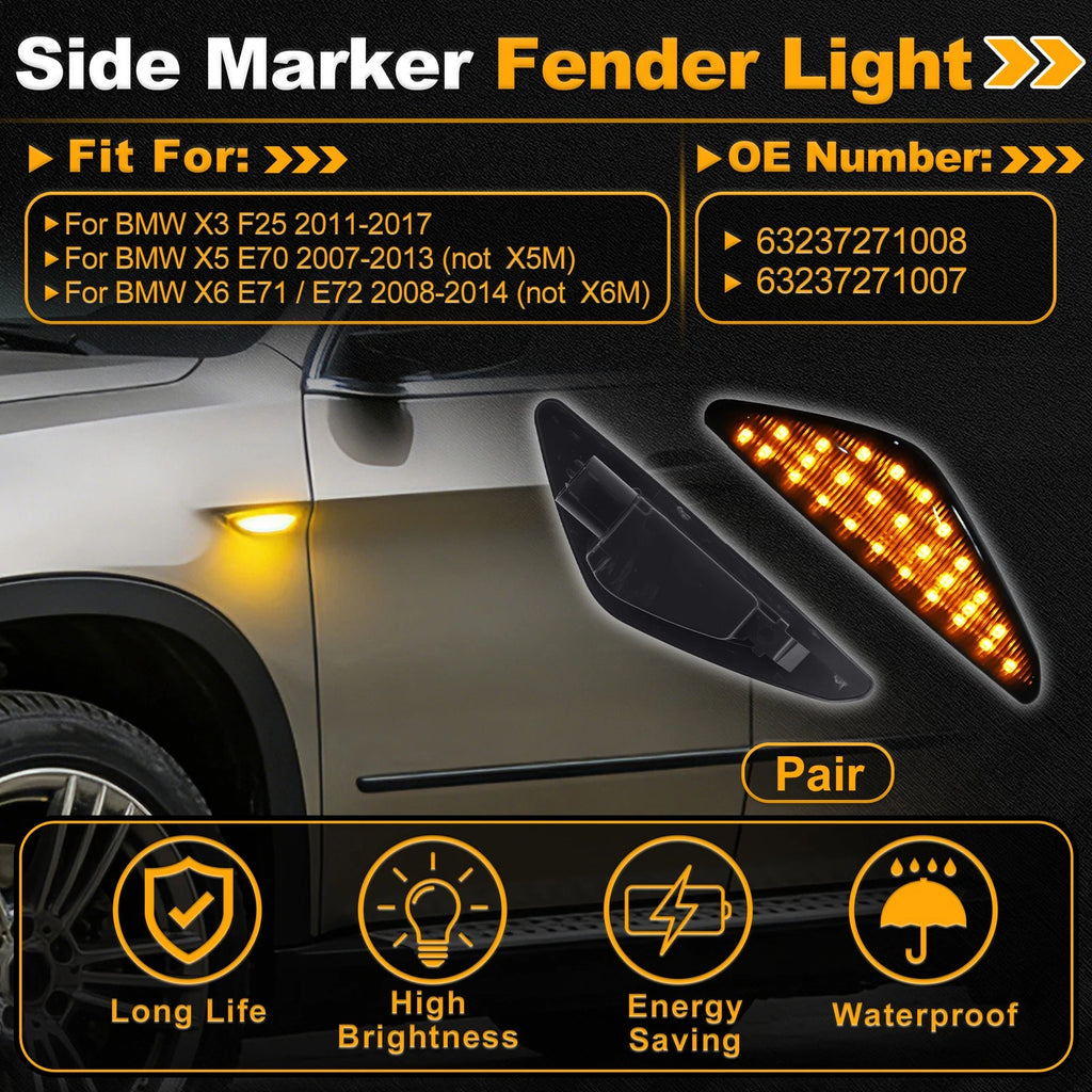 Set of 2 Side Marker Fender Lights 63237271008 for BMW X3 F25 (2011–2017) Smokey Lens