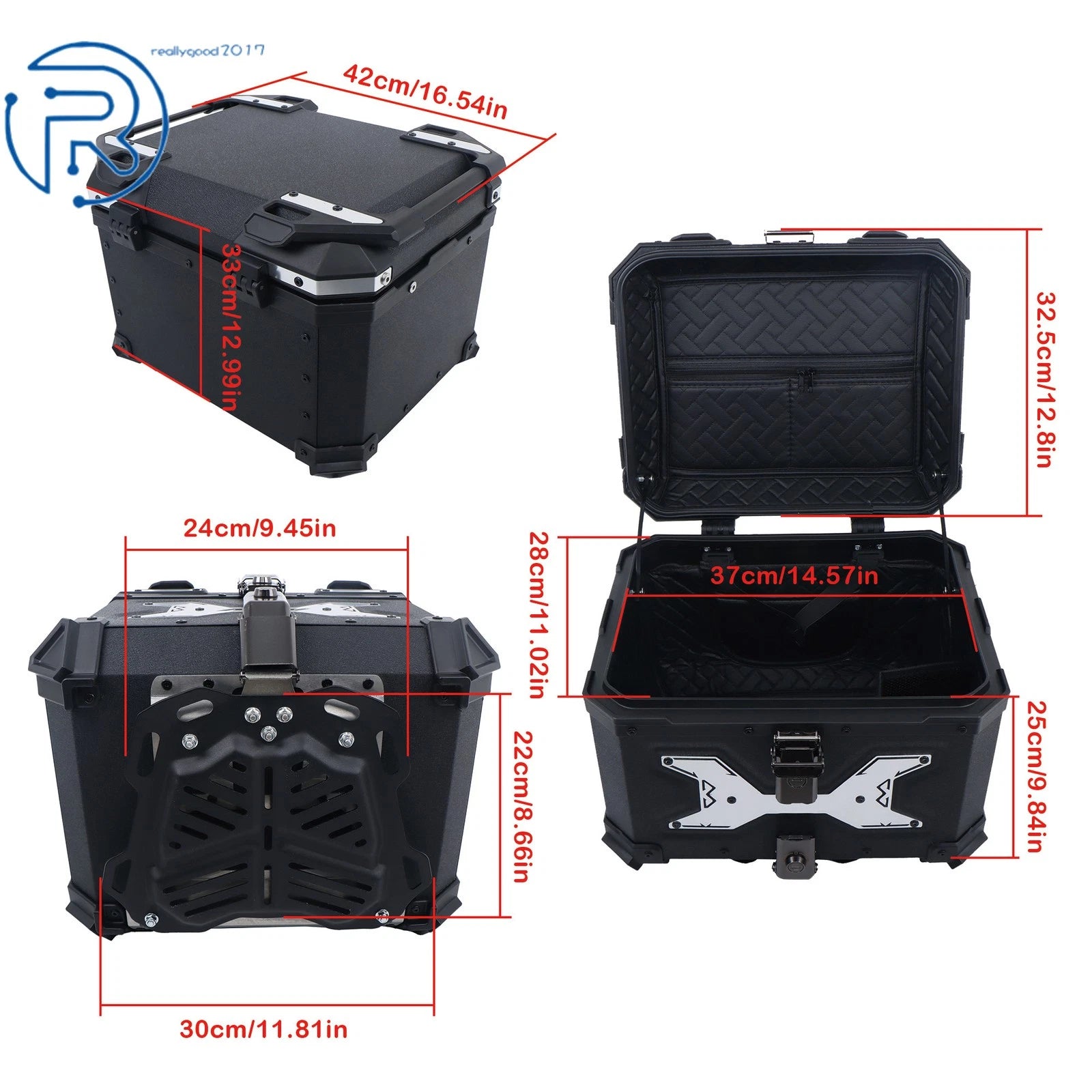 45L Hard Trunk for Motorcycle with Backrest and Mounting Plate (Universal)