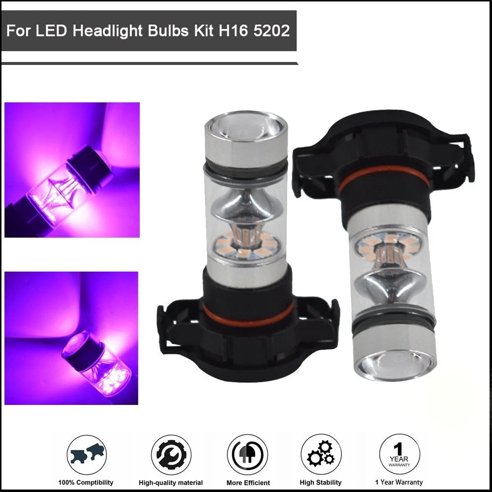2X H16 5202 14000K Purple LED Headlight Fog Light Bulbs for