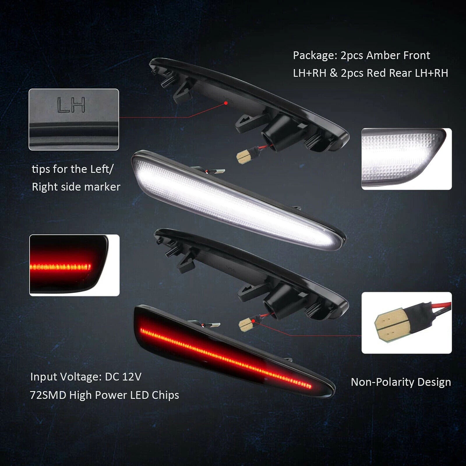 Set of 2 White & Red Side Marker Lights for Chevy Corvette C6 (2005–2013)