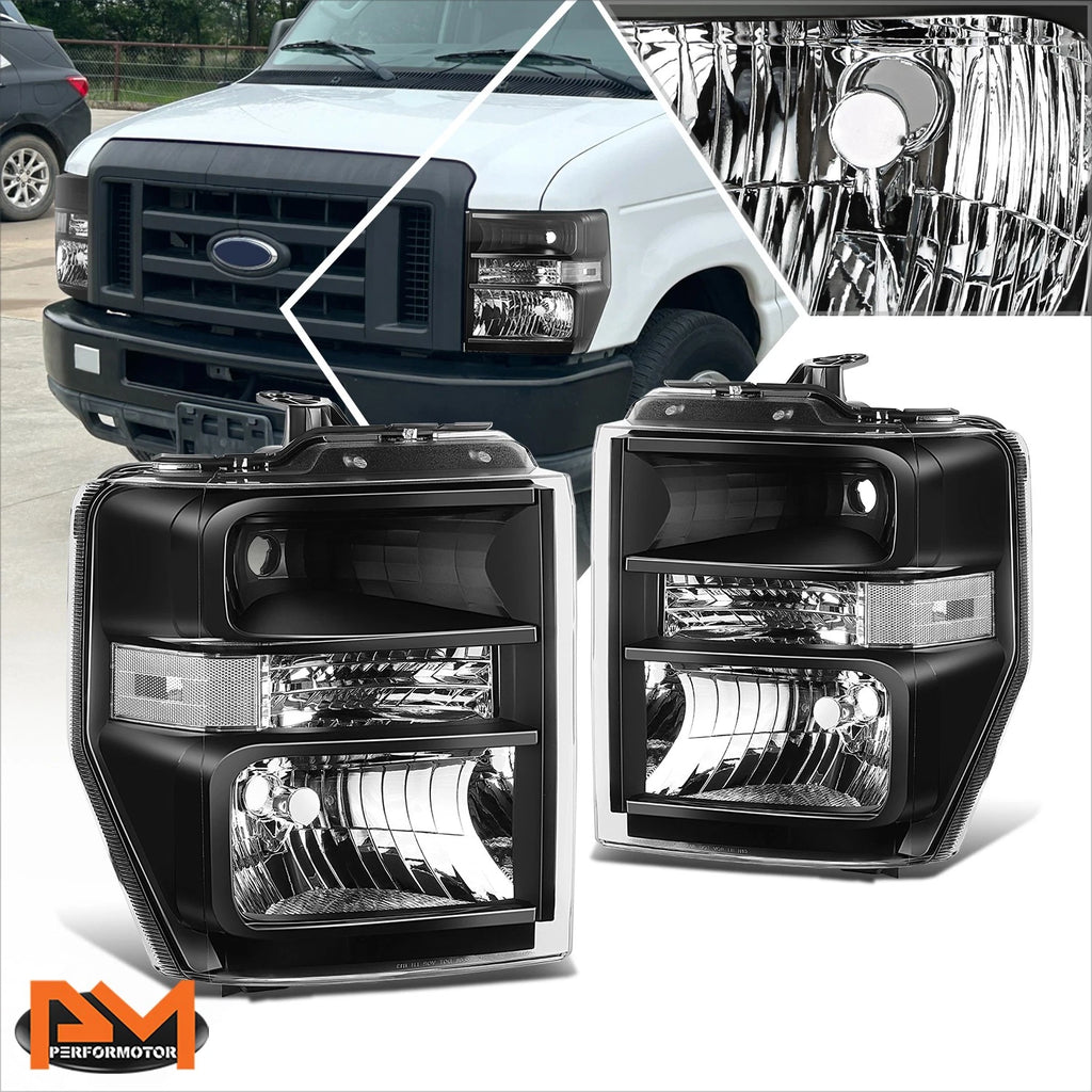 Factory Style Headlight Set for Ford E150/250 E350/450 (2008–2021) Black/Clear