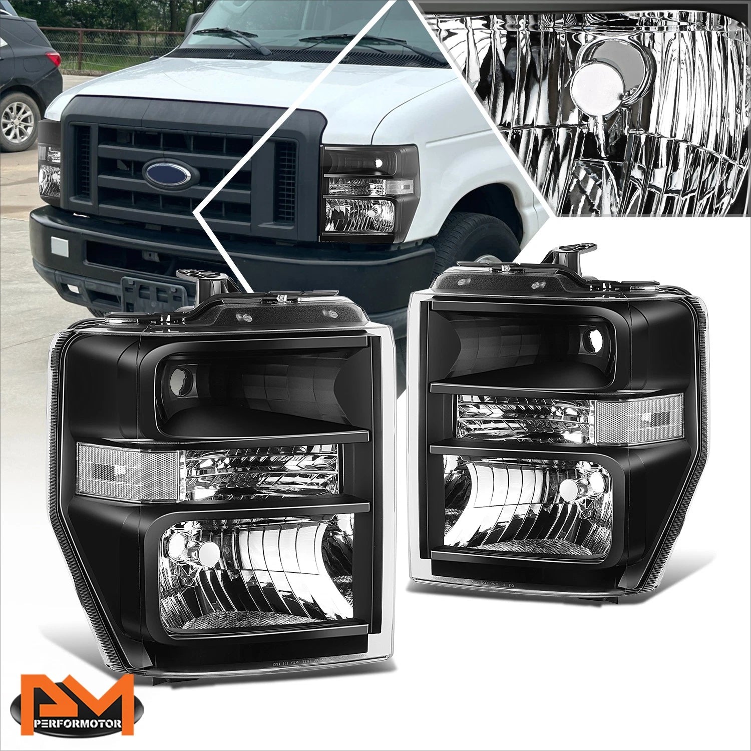 Factory Style Headlight Set for Ford E150/250 E350/450 (2008–2021) Black/Clear
