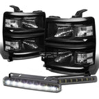 Set of 4 Black Headlight, Clear Corner Signal Lamp, LED Fog Light for Silverado (2014–2015)