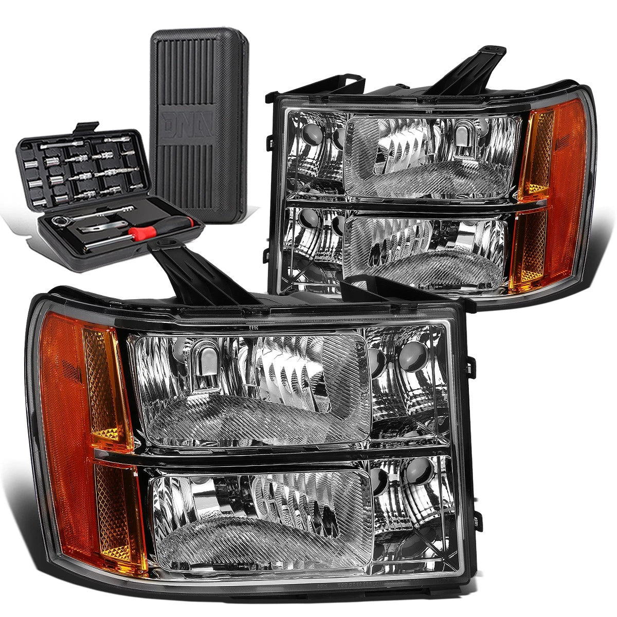 Set of 2 Chrome Amber Signal Headlight Lamps for GMC Sierra 1500 (2007–2013)
