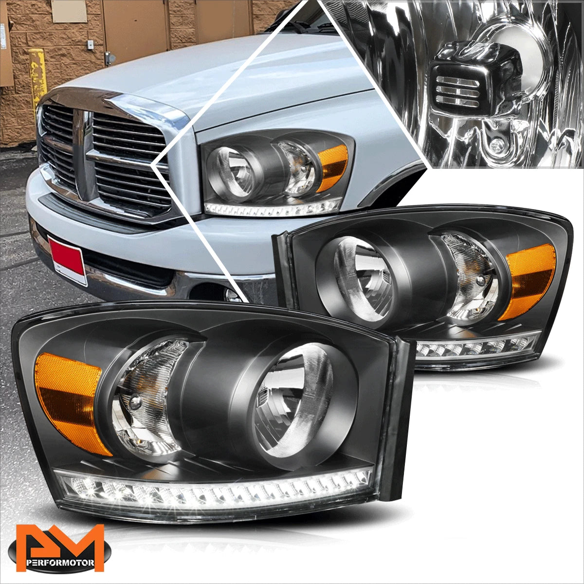 LED DRL Strip Headlight for Dodge Ram Truck (2006–2009) Black Housing Amber