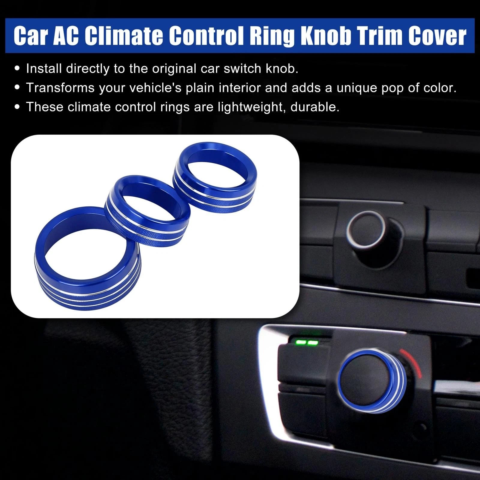 3pcs Blue AC Climate Control Ring Knob Trim Cover for Dodge Challenger (2015–2023)