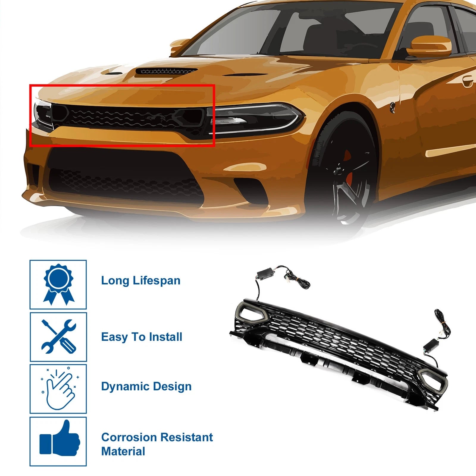 Front Upper Hood Bumper Grille for Dodge Charger (2015–2023) with Light Black