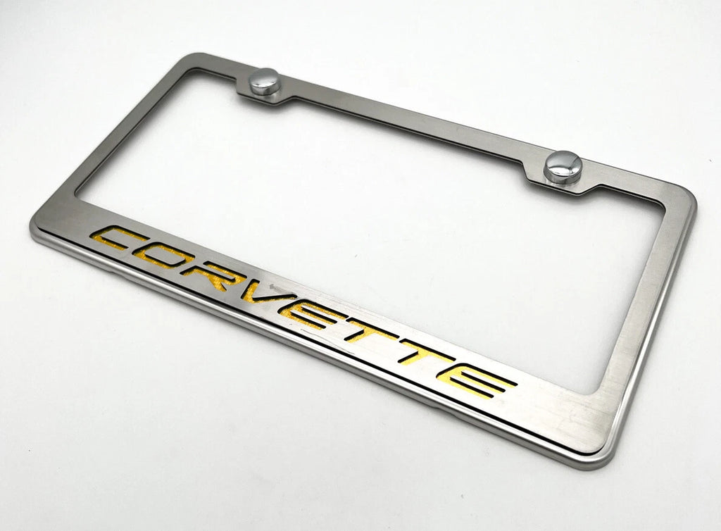 Stainless Steel License Plate Frame with Yellow Carbon Fiber for Corvette (C7) (2014–2019)