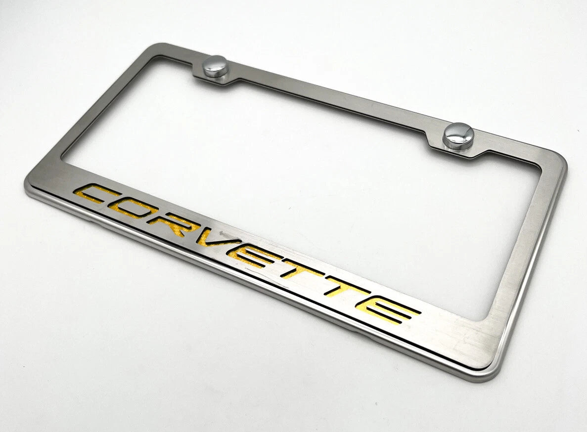 Stainless Steel License Plate Frame with Yellow Carbon Fiber for Corvette (C7) (2014–2019)